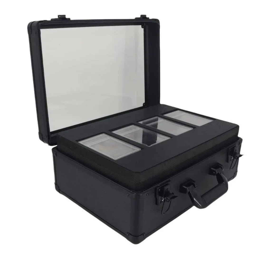 Black aluminium alloy three-slot magnetic card storage box with handle for PSA BGS graded trading cards