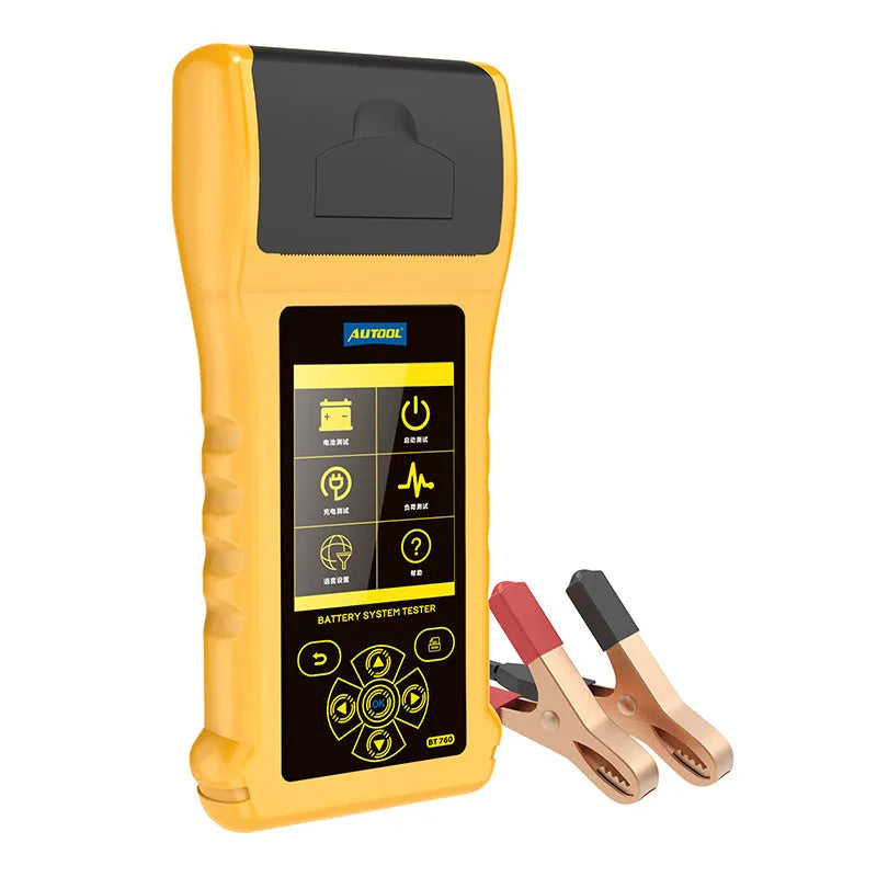 Autool BT760 colour screen car battery tester with clip leads and printed diagnostic receipt.