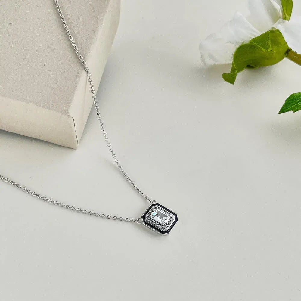 Women's 925 silver rectangular zircon fashion necklace with blue stone pendant on white background