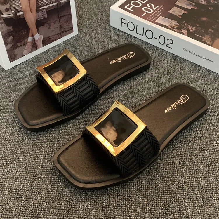 Women's flat summer slippers in apricot, black or khaki with PVC soles