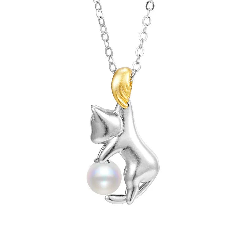 925 sterling silver clavicle chain necklace with a cat charm pendant