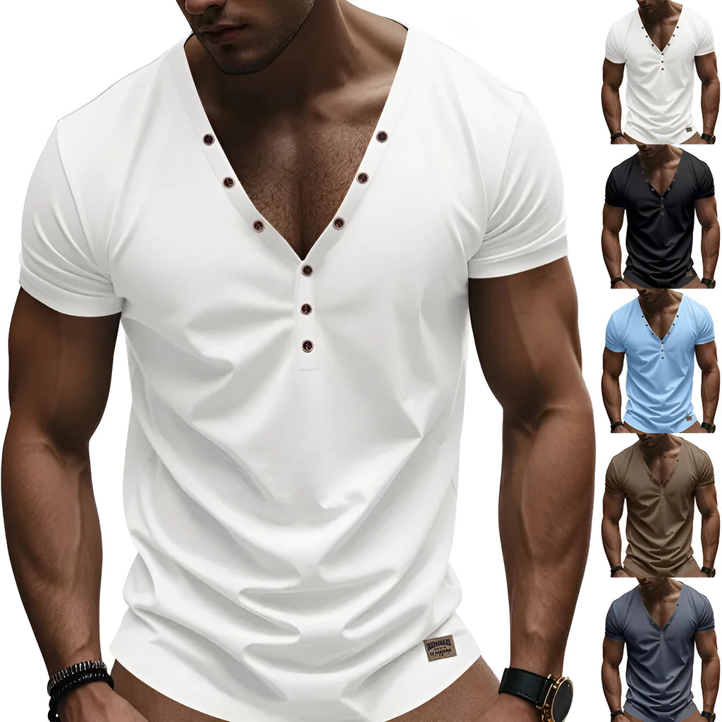 Men's loose thin V-neck pullover top with button design in chemical fibre blend fabric, shown in light blue colour