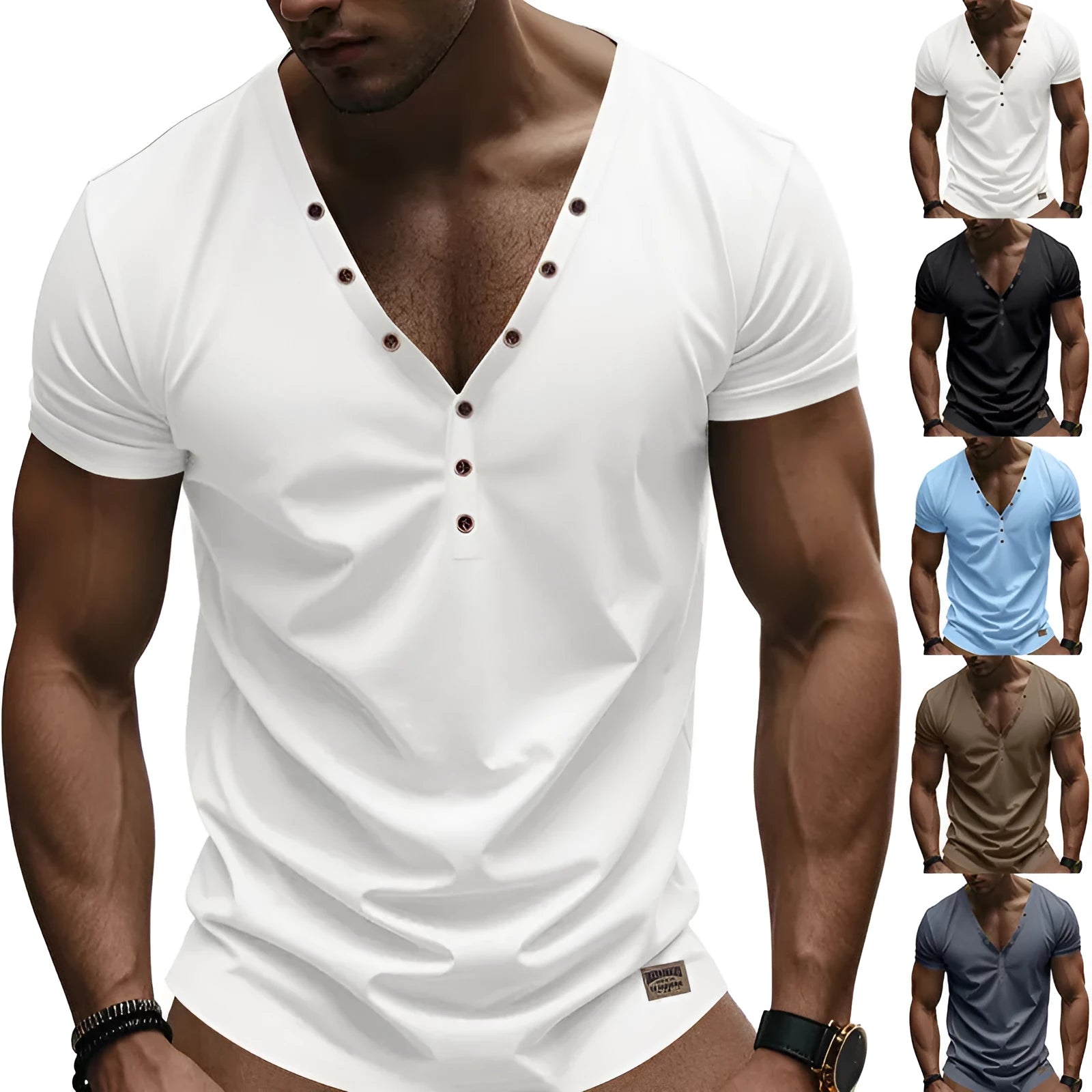 Men's loose thin V-neck pullover top with button design in chemical fibre blend fabric, shown in light blue colour
