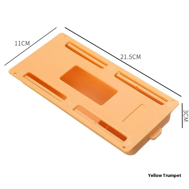 White adhesive under desk storage drawer with lid open, showing interior grid divider.