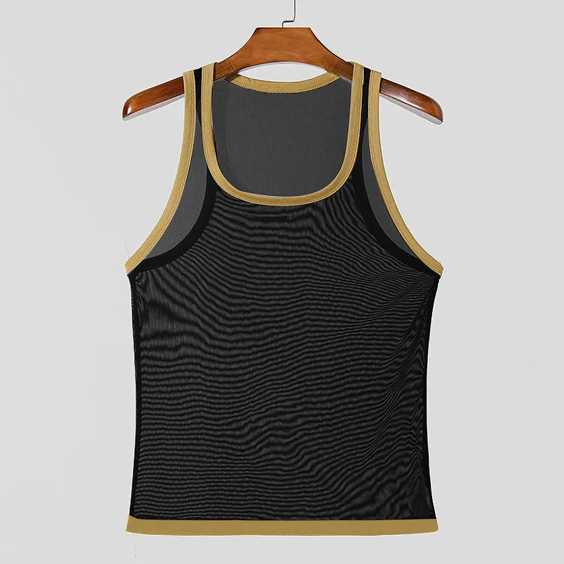 Men's tight-fitting black mesh vest with straight hem for sports and casual wear