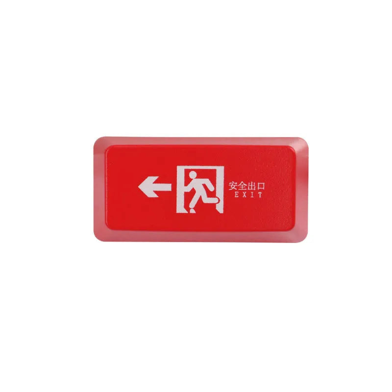Transparent mechanical keyboard key cap with raised safety evacuation exit text