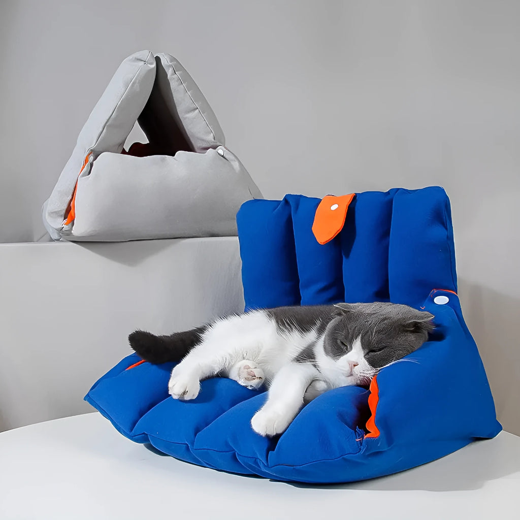 Blue triangular cat bed with removable cotton cover and connecting drill holes