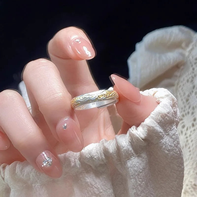White copper ring with xiangyun pattern, electroplated silver and gold finish, geometric open mouth design