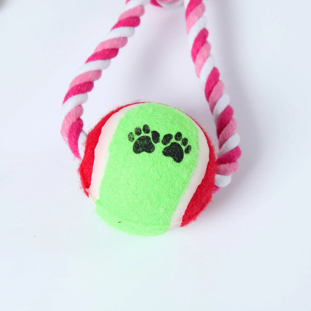 Red and white cotton rope tug toy for dogs, approximately 38cm long, laid out straight.