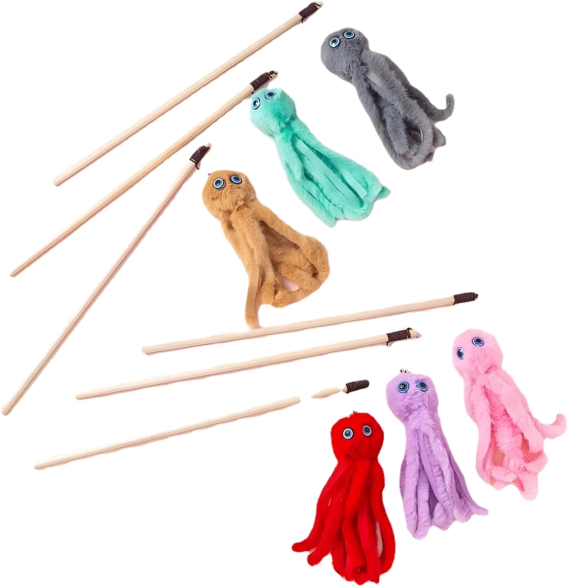 Grey octopus cat toy with eyes on long stick for indoor kitten play