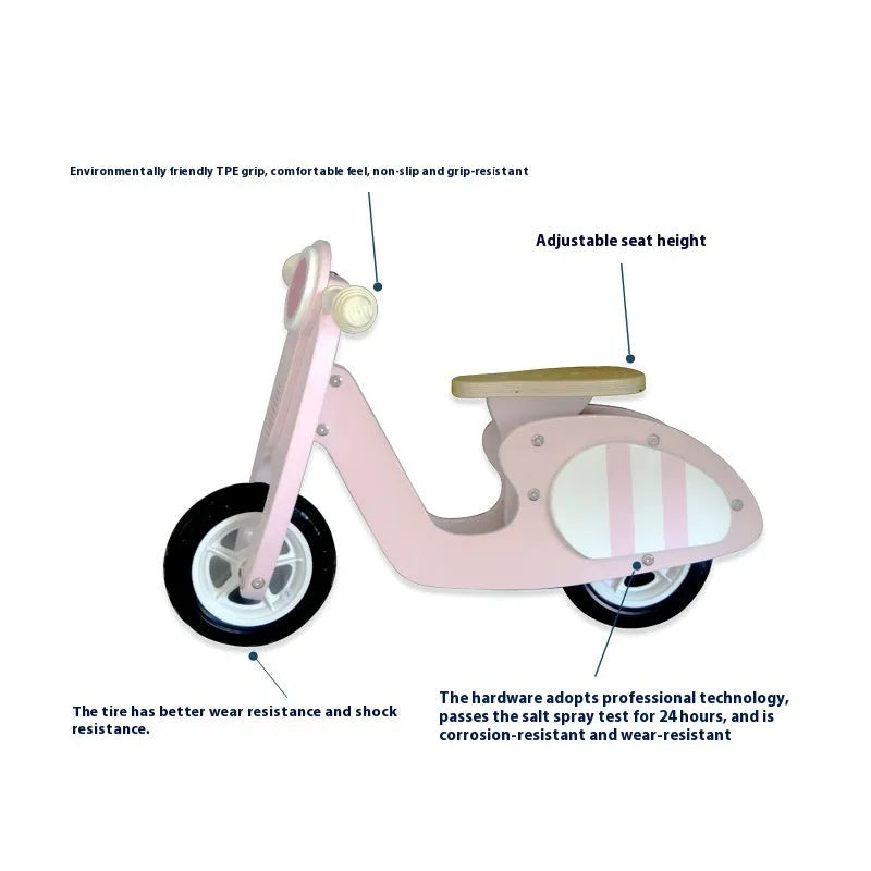 Pink wooden balance scooter for toddlers with 10-inch wheel