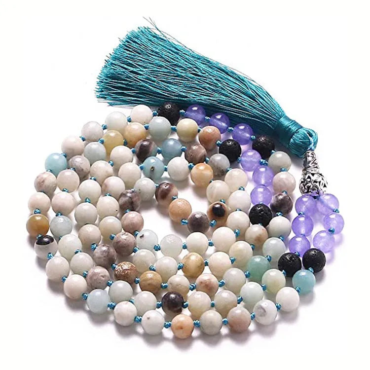 95-100cm agate tassel necklace with geometric pattern and mixed stone beads including amethyst and lapis lazuli