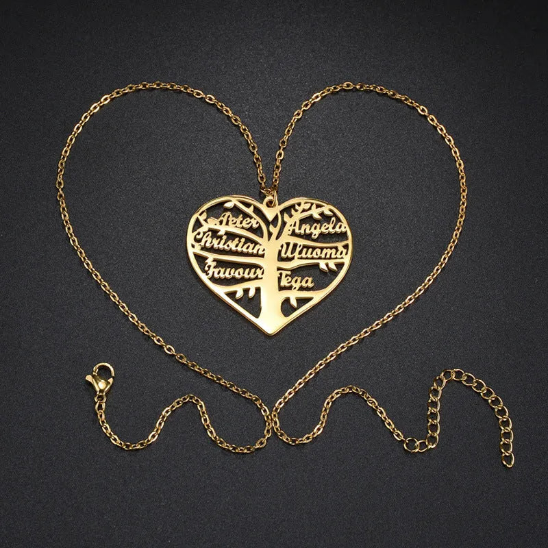 Personalised stainless steel necklace with hollow heart and family tree pendant customised with names.