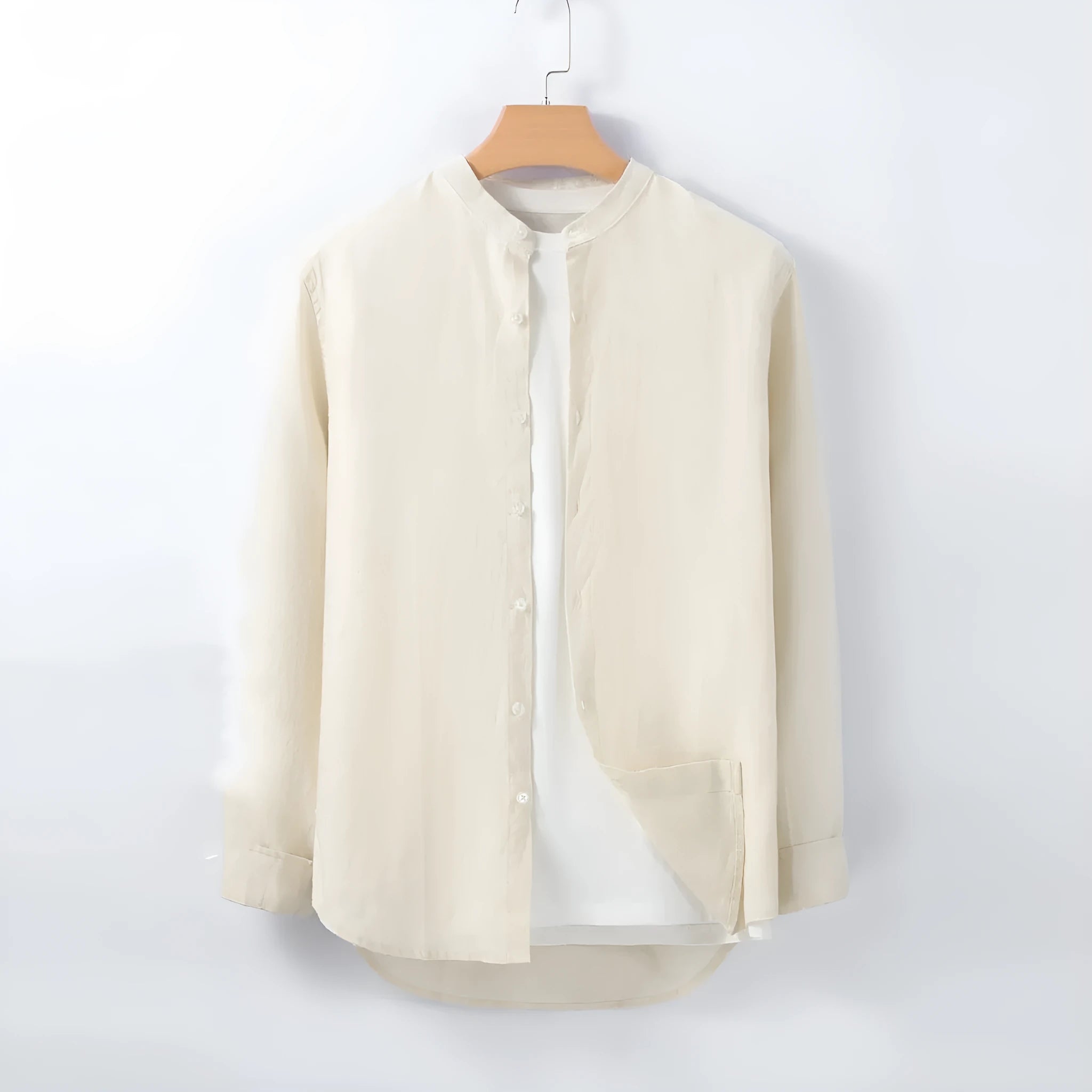 Men's cotton linen business casual shirt in beige white long sleeve button down