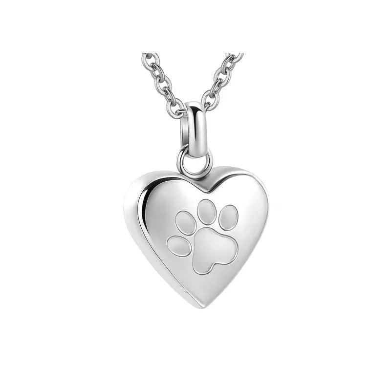 Openable titanium steel heart pendant with paw print for memorial ashes on necklace chain