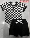 Two-piece baby rompers suit with polo collar and plaid triangle pattern in cotton, green colour