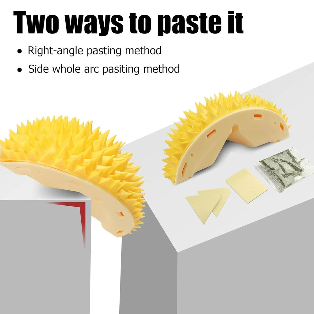Yellow durian shaped cat corner scratcher mounted on a wall with adhesive backing