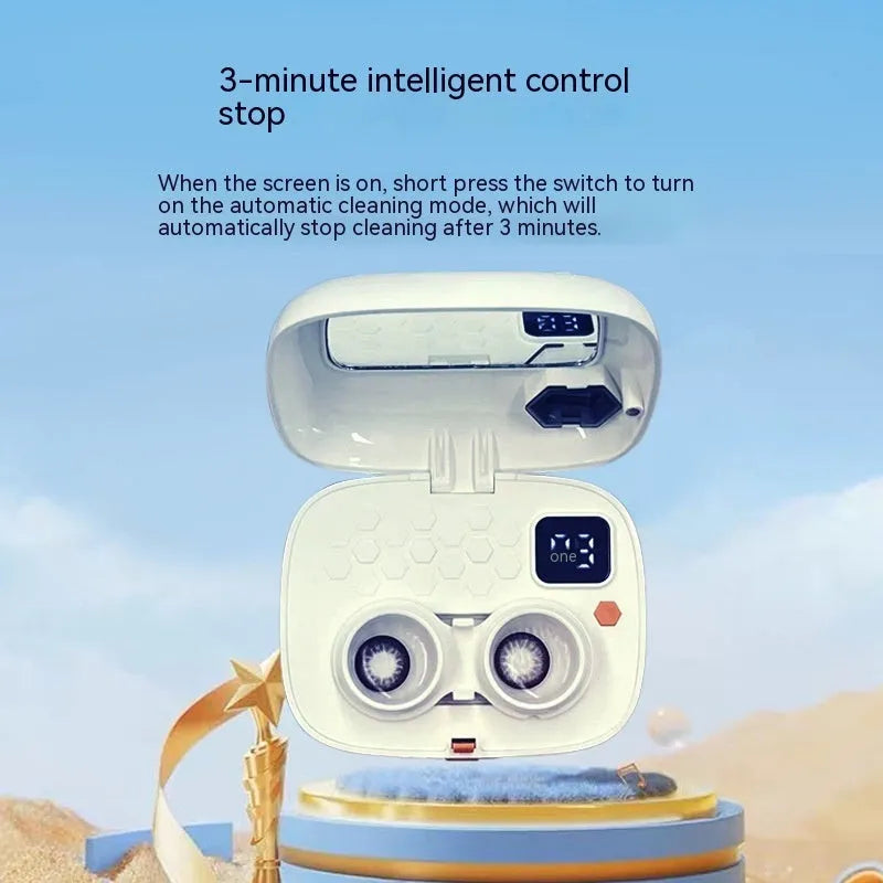 Automatic ultrasonic glasses cleaning machine in blue, a handheld plastic device for contact lenses.
