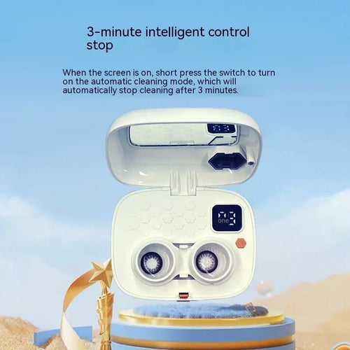 Automatic ultrasonic glasses cleaning machine in blue, a handheld plastic device for contact lenses.