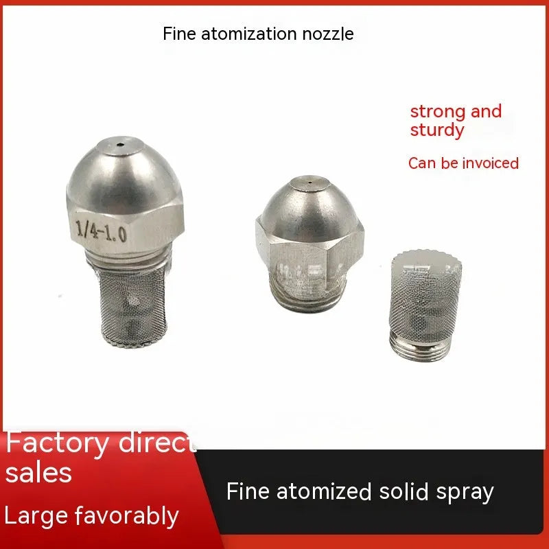 304 stainless steel two-point spray nozzle with 1/4 inch thread and selectable aperture sizes for atomisation.
