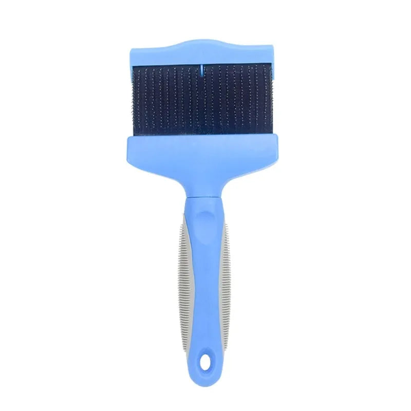 Blue double-sided pet brush with ergonomic handle shown next to pink version, displaying soft and firm stainless steel pin sides.