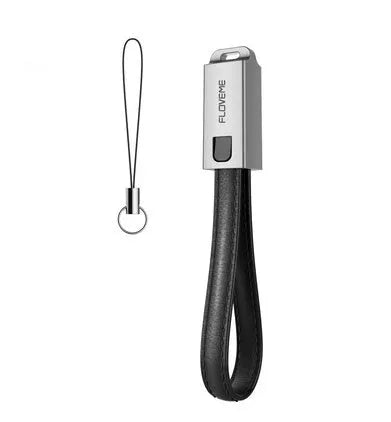 Short red leather braided USB-C to Apple Lightning charging cable on a white background