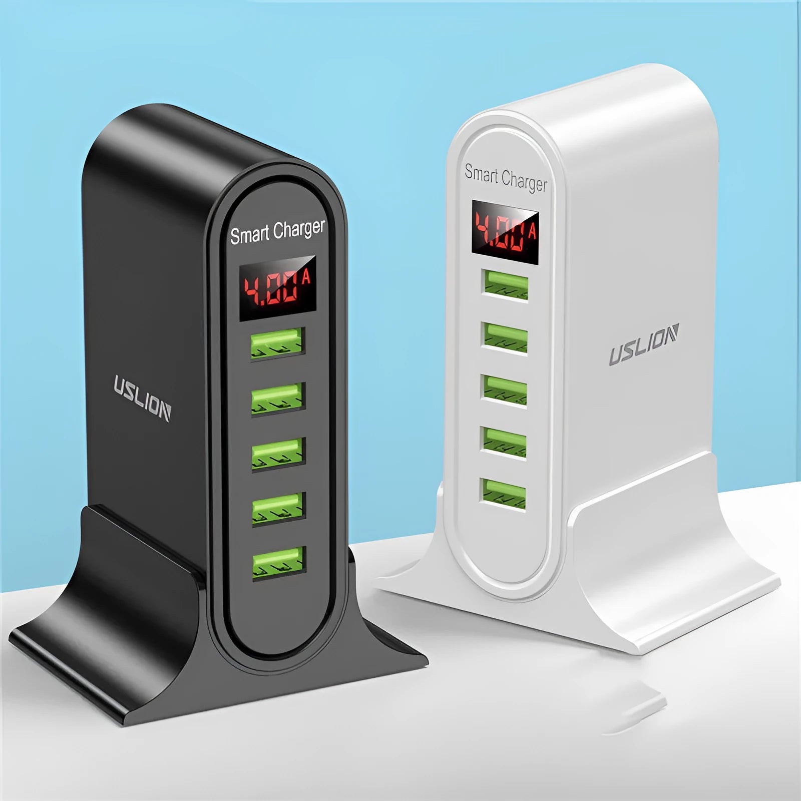 USB wall charger with LED digital display showing voltage readings, available in black and white with different plug types