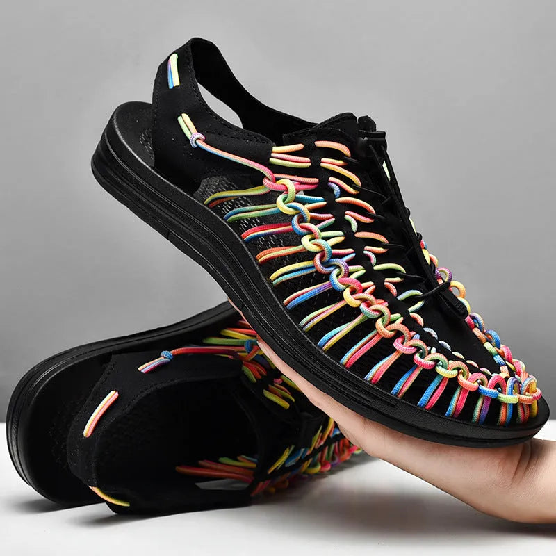 Woven sandals with drawstring tie and rubber sole in multiple colour options