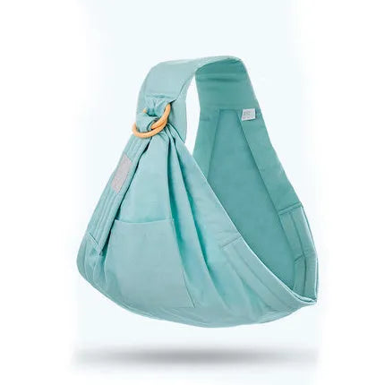 Adjustable baby wrap carrier sling in blue-green cotton and mesh with back support for 0-36 months up to 50kg