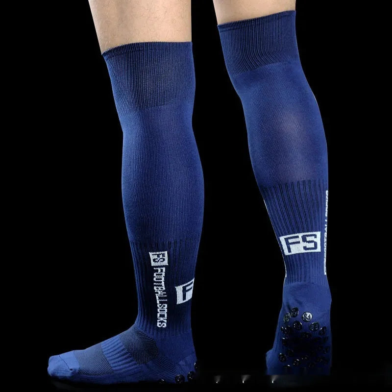 Anti-slip knee-length polyester soccer socks in black for football match and training use