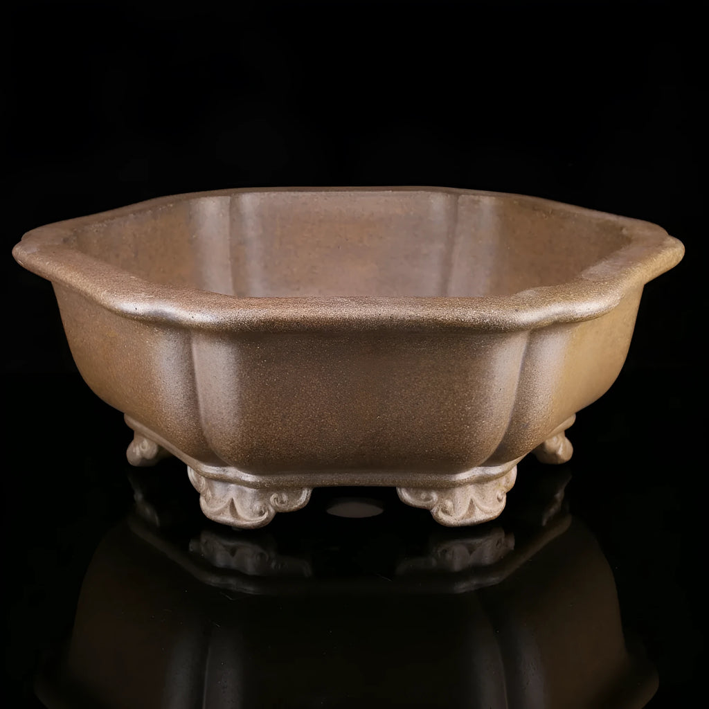 Handmade Yixing purple sand bonsai planter in large hexagonal design