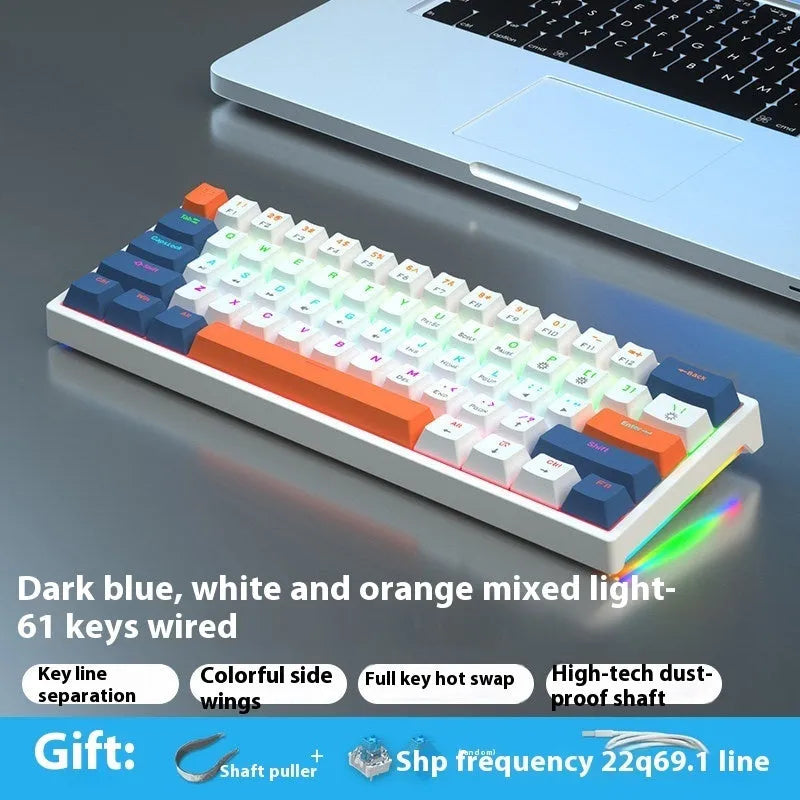 Bluish-black 61-key mechanical keyboard with hot-swappable switches on a desk
