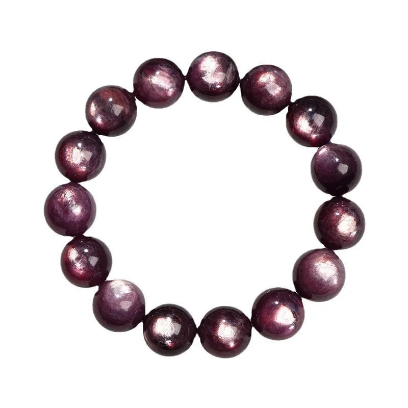 Purple lepidolite crystal round bead bracelet showing polished surface and geometric bead arrangement