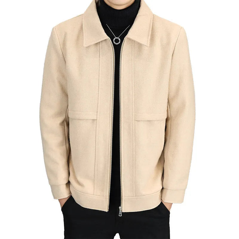 Casual khaki jacket with polo collar and side seam pockets