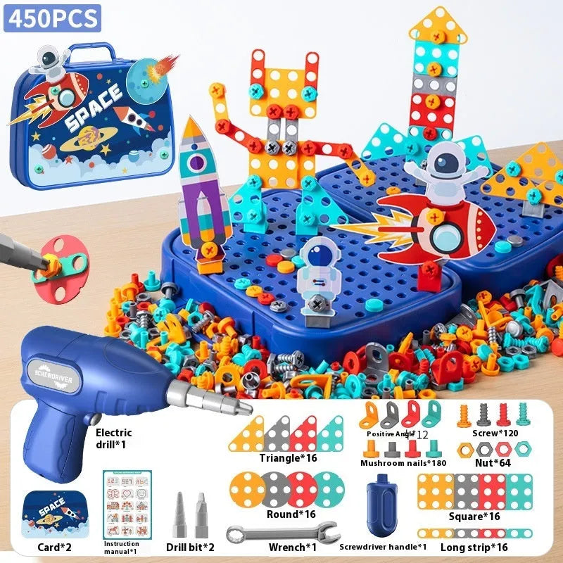 Children's screw puzzle toy with electric drill and plastic screws in a colour box, Big Dinosaur theme