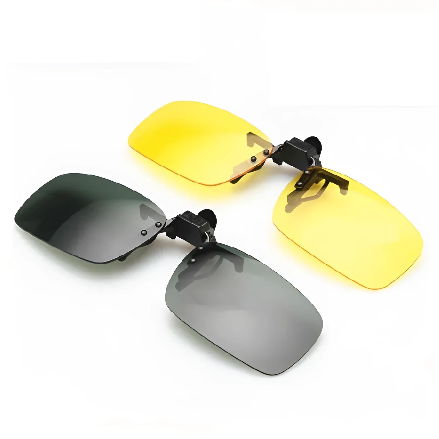 A clip-on sunglasses accessory with PC lenses shown in dark green, grey, and night vision tints, designed to fit over prescription glasses.