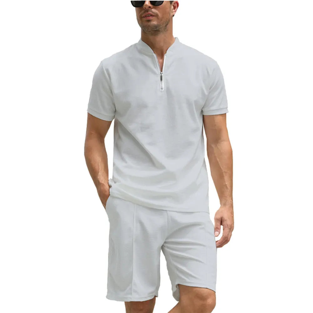 Men's solid colour polyester polo shirt two-piece suit set with matching trousers