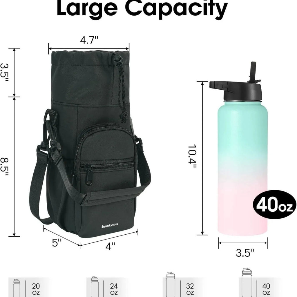 Cloth water bottle pouch with crossbody shoulder strap in black, green or pink colour