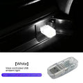 Car USB ambience light with touch switch showing RGB colour-changing and fixed blue, white, pink, and ice blue modes.
