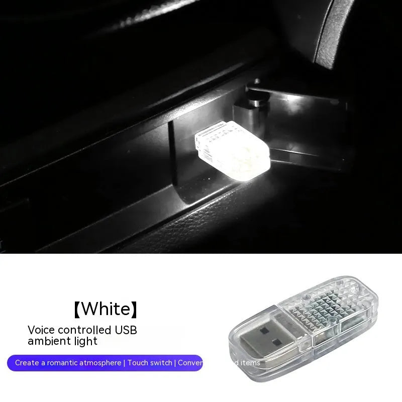 Car USB ambience light with touch switch showing RGB colour-changing and fixed blue, white, pink, and ice blue modes.