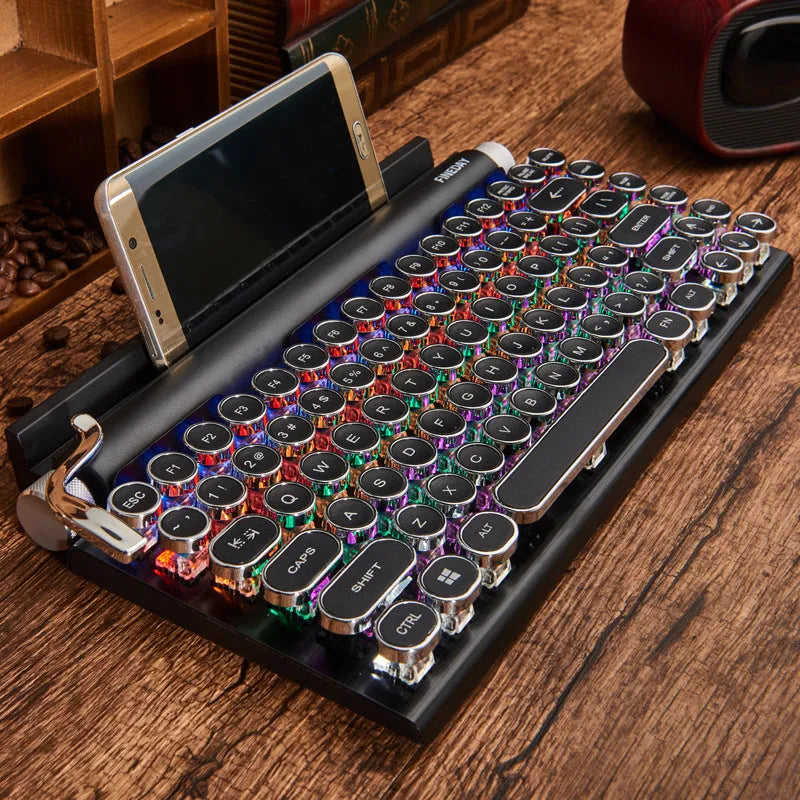 Black retro-style mechanical keyboard with Bluetooth, backlit keys, and metal case