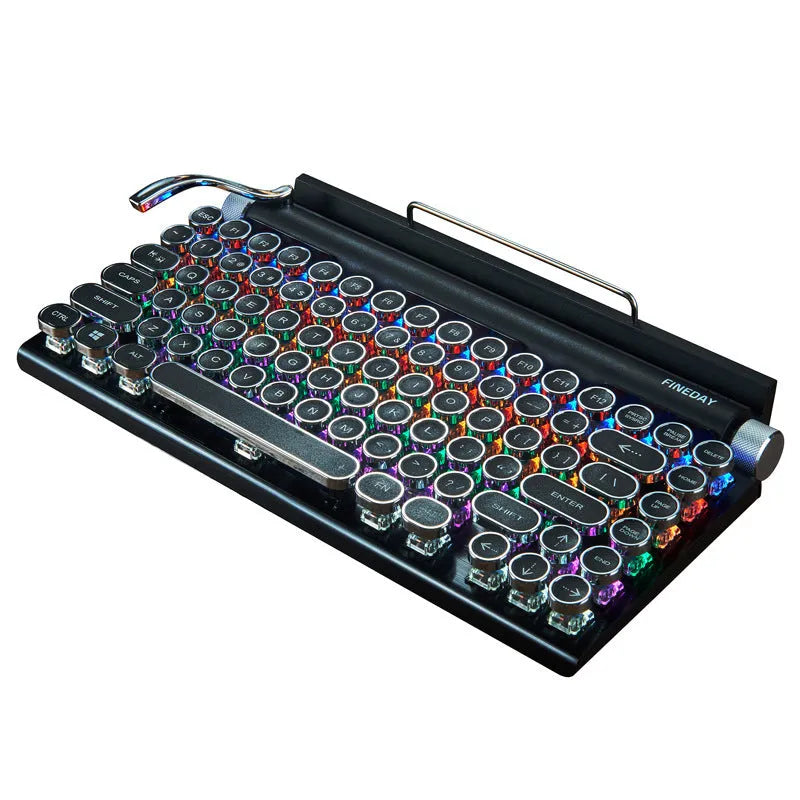 Black retro-style mechanical keyboard with Bluetooth, backlit keys, and metal case