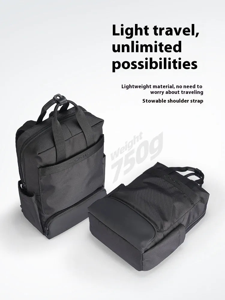Elegant black Oxford cloth computer backpack with 20-35 litre capacity and polyester lining.