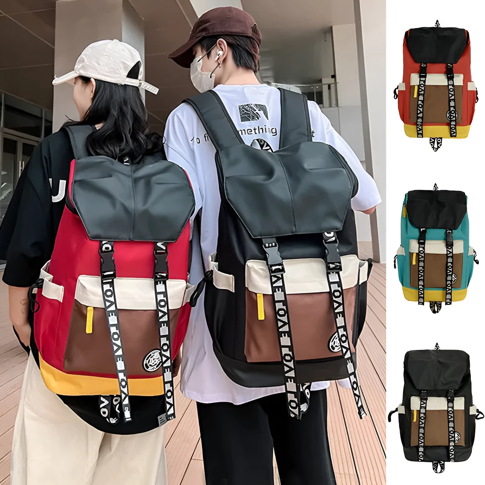 Oxford cloth school backpack showing three carrying methods with 32cm width dimensions