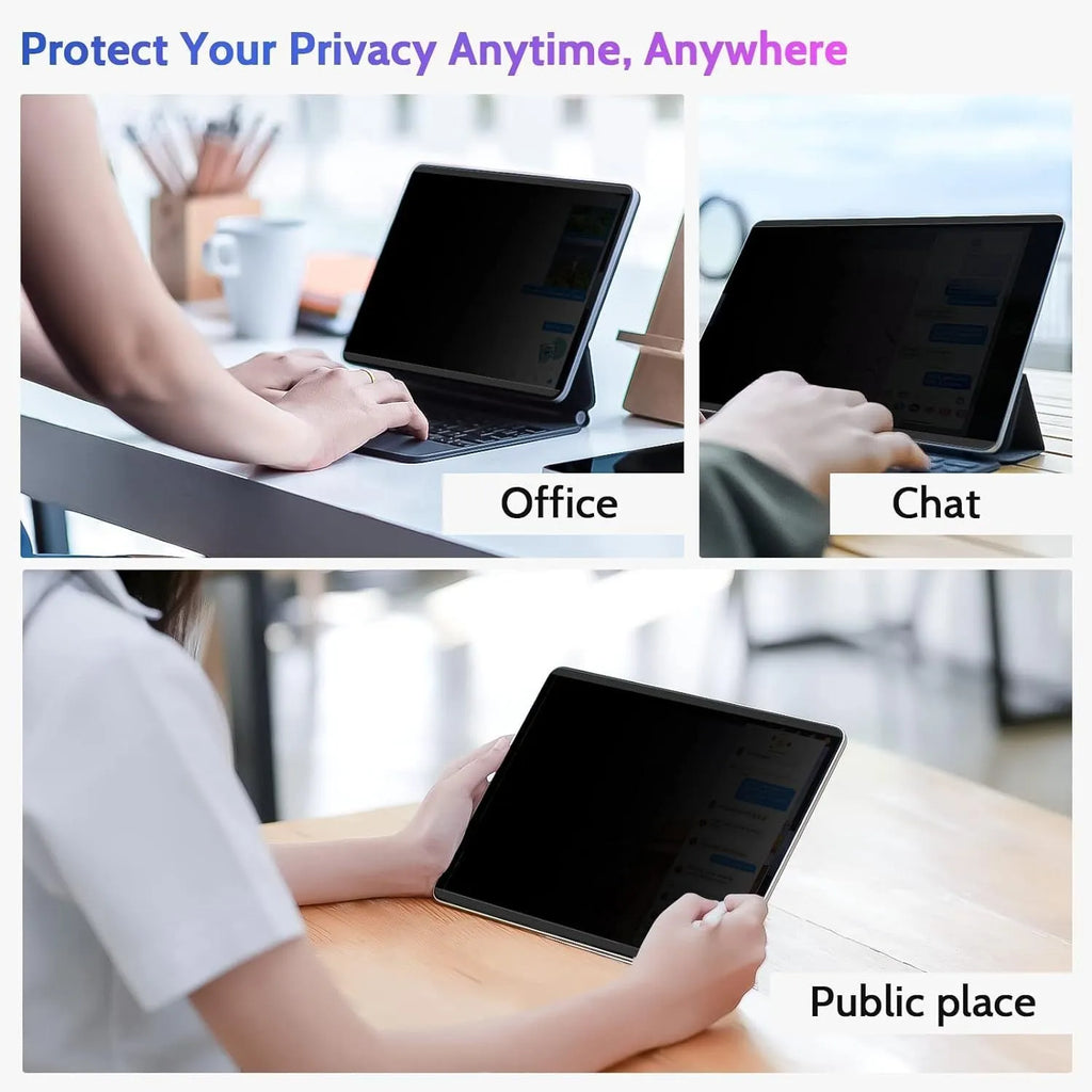 Magnetic iPad privacy screen protector with paper-like texture and magnetic storage clip for multiple iPad models
