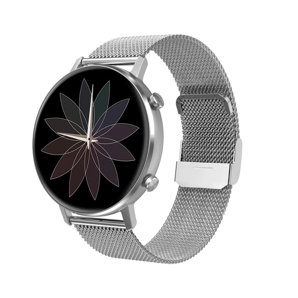 DT96 smart bracelet with stainless steel strap and 1.3 inch rectangular screen showing black, rose gold, and silver colour options