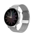 DT96 smart bracelet with stainless steel strap and 1.3 inch rectangular screen showing black, rose gold, and silver colour options