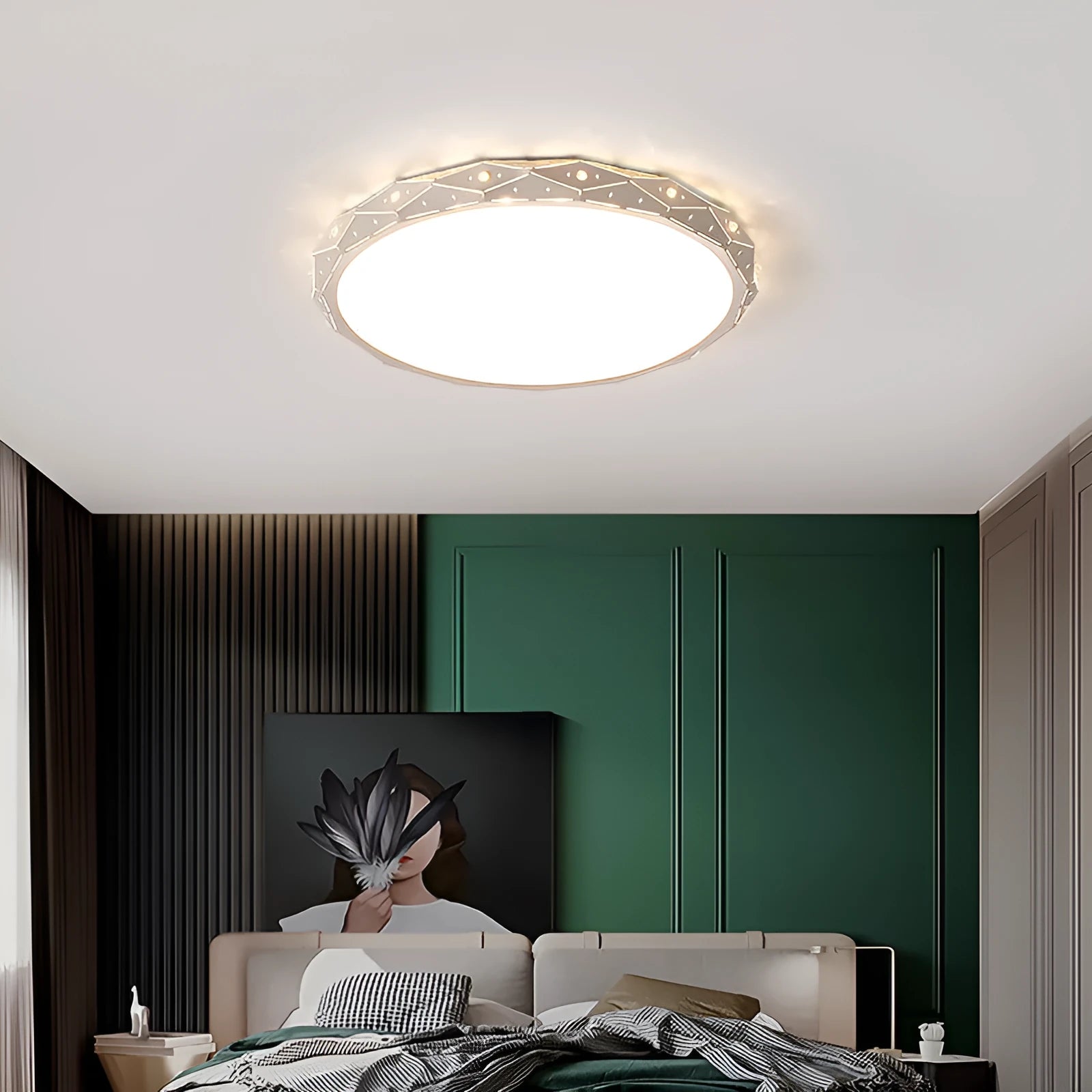 Round flush mount LED ceiling light with black iron frame on a white ceiling.