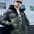 Men's loose casual thick padded jacket in army green with hood and zipper