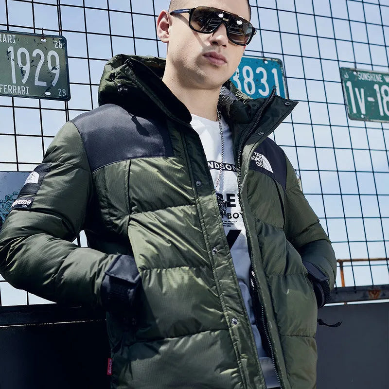 Men's loose casual thick padded jacket in army green with hood and zipper